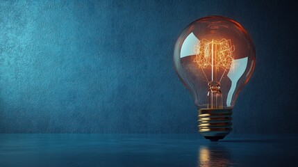 Glowing idea lightbulb on dark blue background, innovation concept, stock photo