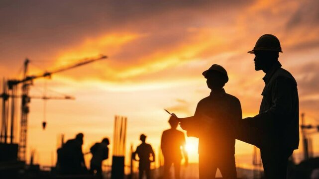 Building Dreams: A construction site at dusk, silhouetting workers and cranes against a vibrant sunset, symbolizing progress, teamwork, and the realization of architectural visions.