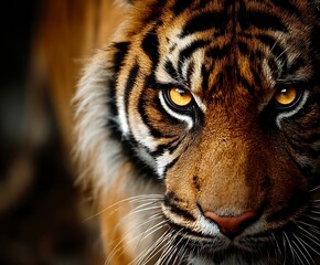 the scene focuses on a large cat with golden eyes. the animal has distinctive stripes on its fur, which is primarily a tawny color