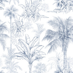 Seamless pattern with hand-drawn palm trees and tropical foliage in pencil sketch style. Blue monochrome botanical design perfect for fabric, wallpaper, and packaging.