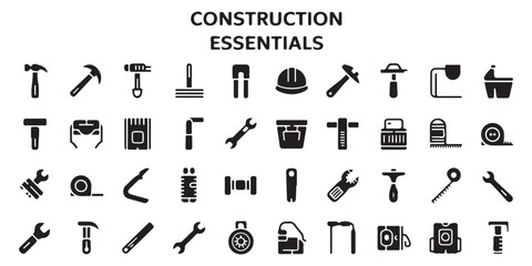 Construction and Tool Icons Set, Including Hammers, Hard Hats, Wrenches, and More