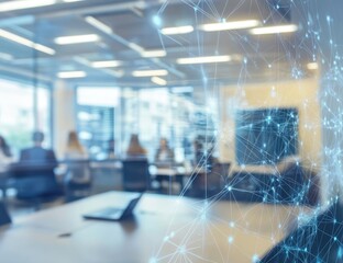 Modern office meeting space overlaid with a network graphic
