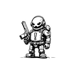 Stylized monochrome cartoon robot with firearm showcasing futuristic concept
