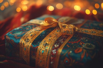 Ornate gift box with golden ribbon and festive lights.
