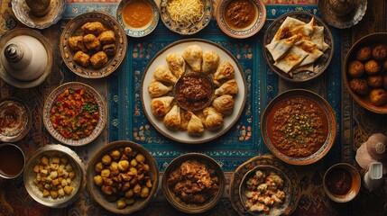 Diverse array of dishes arranged on a patterned tablecloth.