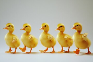 Naklejka premium Adorable Lineup of Yellow Ducklings Walking in a Row Against a Simple Background, Capturing the Joyful Spirit of Spring and New Beginnings