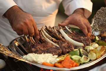 Chef expertly prepares roasted lamb ribs and vegetables.