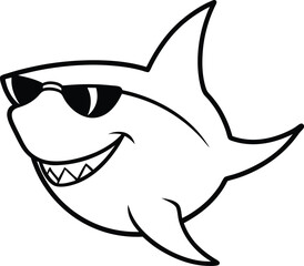 Cool shark wearing sunglasses smiling in a cartoon illustration simple black and white design