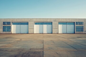 Long, industrial building with white doors