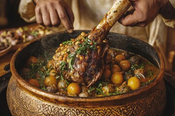A hearty stew with lamb shank, vegetables, and herbs.
