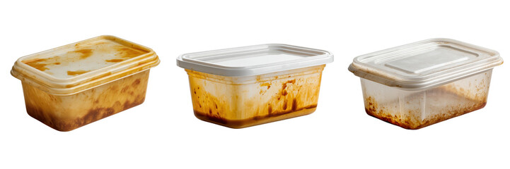 Used Food Containers with Stains and Residues on Transparent Background