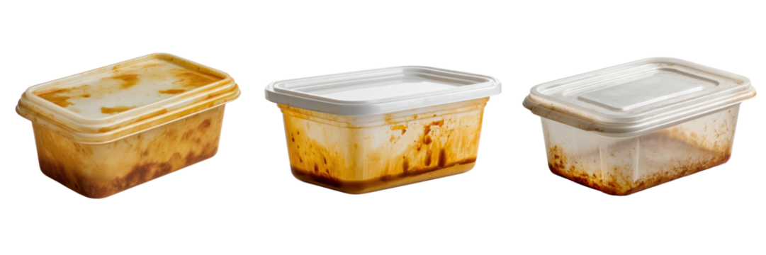 Used Food Containers with Stains and Residues on Transparent Background