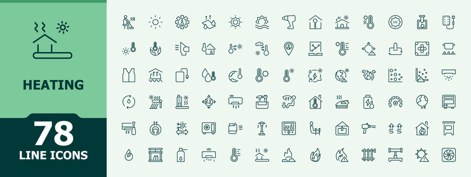 Heating modern icon set. Minimal icons pack. Pictograms of equipment, fireplace, temperature, hot, heat. Editable vector art. Hot modern icon set.