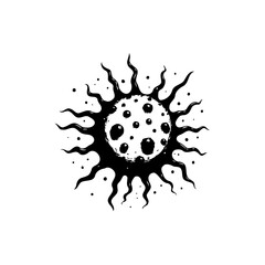 Monochrome Celestial Body with Tentacle-like Flares, Dotted Surface Depiction