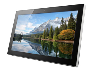 Fototapeta premium Tablet Display Mountain Lake Reflection, Isolated on Transparent Background, Digital Tablet, Screen, Nature