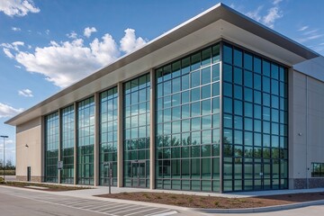 Facade of a State-of-the-Art Distribution Center with Cozy Office Space Showcasing Innovative Architecture and Expansive Glass Panels