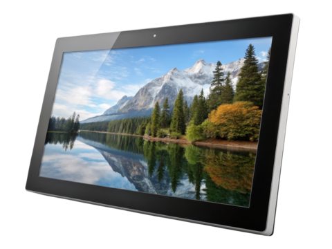 Tablet Display Mountain Lake Reflection, Isolated on Transparent Background, Digital Tablet, Screen, Nature