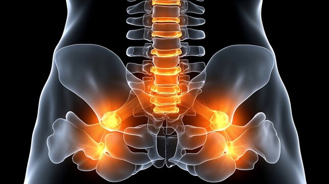 Lumbar spine glowing nerve roots indicating sciatica pain knee to chest stretch shown for gentle spine and hip relief