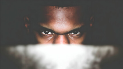 focused on screen with intense facial expression in dark room