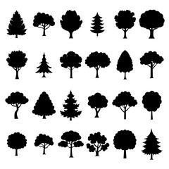 Obraz premium A vector set features black silhouettes of nature's trees, including pine and oak, as a design collection element