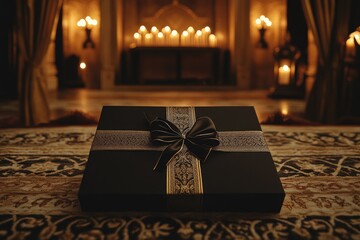 Elegant black gift box with a ribbon in a dimly lit room.