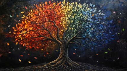 Show a grand Tree of Life with leaves of every color, representing the diversity of all living beings.