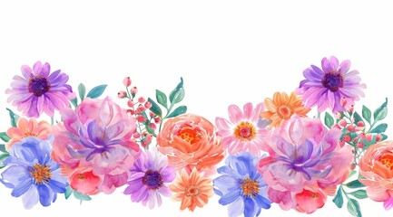 A watercolor floral border featuring pastel pink, purple, and orange flowers like peonies, roses, daisies, and cosmos on a white background, in a clipart style with space for text in the center of the