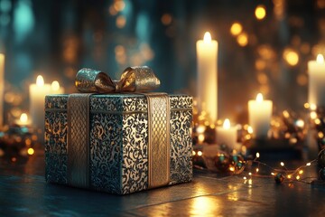 A decorative gift box amidst warm candlelight.