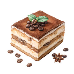 Watercolor Classic tiramisu cake slice with coffee bean garnish isolated on transparent background