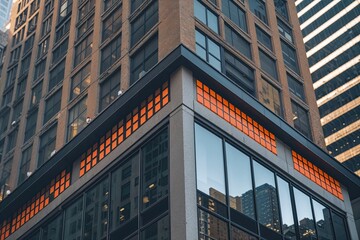 Fototapeta premium Small Orange Square Details on Corner of a Skyscraper in Downtown Cityscape