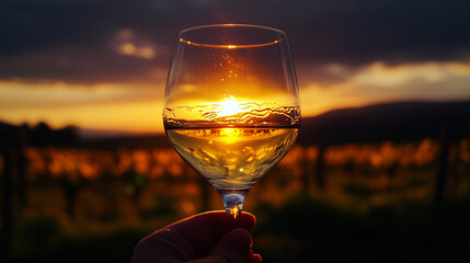 Glass of White Wine at Sunset in Vineyard

