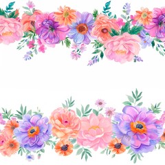 A watercolor floral border featuring pastel pink, purple, and orange flowers like peonies, roses, daisies, and cosmos on a white background, in a clipart style with space for text in the center of the