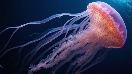 Fototapeta premium Dancing Jellyfish: A mesmerizing jellyfish gracefully drifts through the deep blue sea, its ethereal form illuminated by soft, ambient light, creating a sense of wonder and the mysteries of the ocean.