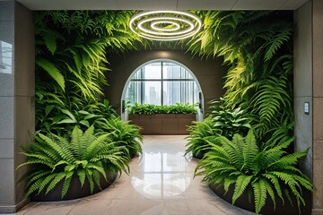 Alcove of Lush Ferns in Shenzhen China Office Entryway