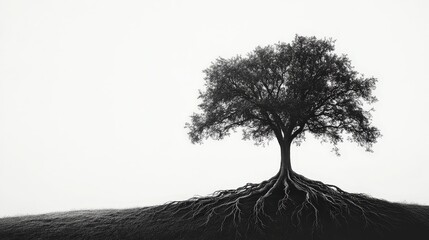 Show a strong oak tree with deep, intertwining roots growing outward, isolated with no surrounding environment