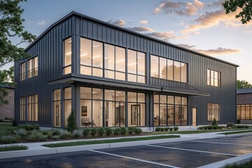 Obraz premium Contemporary Warehouse Design with Stylish Office Unit Featuring Expansive Windows and Durable Metal Siding