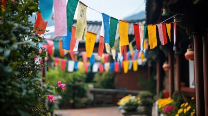 Fototapeta premium Colorful prayer flags in Asian temple courtyard