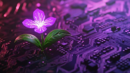 Purple glowing flower sprouting from computer circuit board symbolizing tech and nature fusion