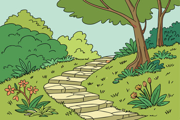 Obraz premium 163 lush green forest,stone steps,blue sky,nature landscape,botanical garden,peaceful path,overgrown steps,vibrant foliage,serene garden,natural outdoor setting