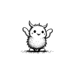 Whimsical fuzzy creature illustration with charming horns and inviting arms raised
