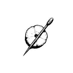 Black and white ink drawing of citrus slice with long pointed skewer element