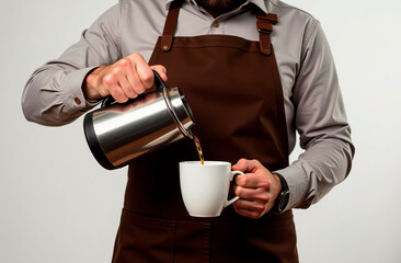 A barista in a brown apron pours coffee into a white mug. A male barista pours coffee into a white mug in close-up. The concept of advertising a coffee shop.