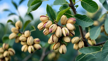 Ripening pistachios surrounded by lush green leaves