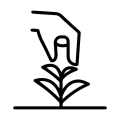 A hand gently hovers over a growing plant (outline style), suggesting care, protection, and cultivation. The plant reaches upwards, symbolizing growth and potential under nurturing guidance