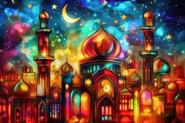 Vibrant cityscape of colorful mosques at night under a starry sky.