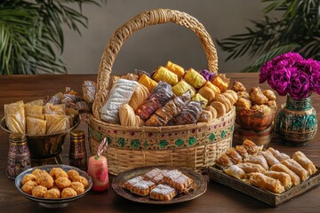 Assortment of various sweet treats in a decorative basket.