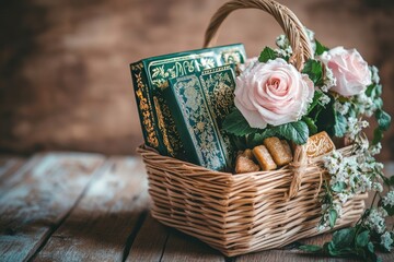 Basket filled with religious texts and flowers.