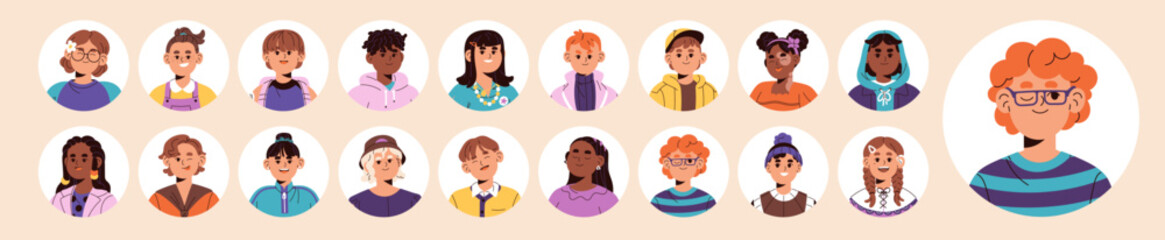 Fototapeta na wymiar Round shape avatars of diverse children set. Circle portraits of kids with and without disability. Happy faces of cute little boys and girls for user profiles. Flat isolated vector illustrations