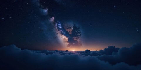 Fototapeta premium Serene Celestial Sunset Above a Sea of Clouds, the Milky Way Galaxy Dazzles with its Cosmic Brilliance