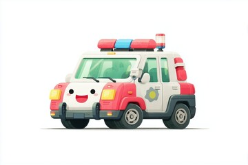Cute cartoon police car with siren lights and a happy face, featuring a minimalist design perfect for playful and fun stock content.








